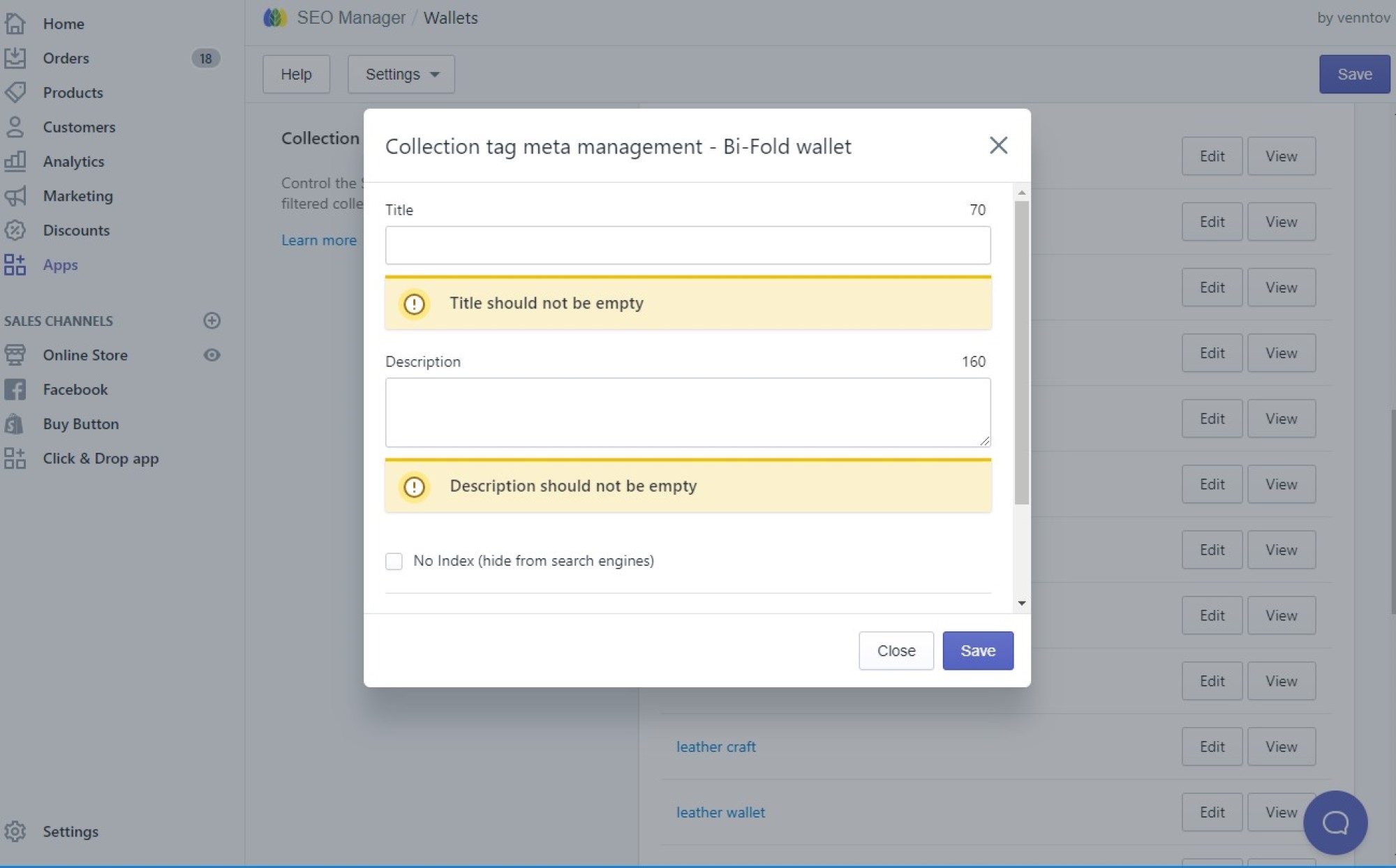 SEO manager for shopify edit SEO metadata for collection filter pages screenshot