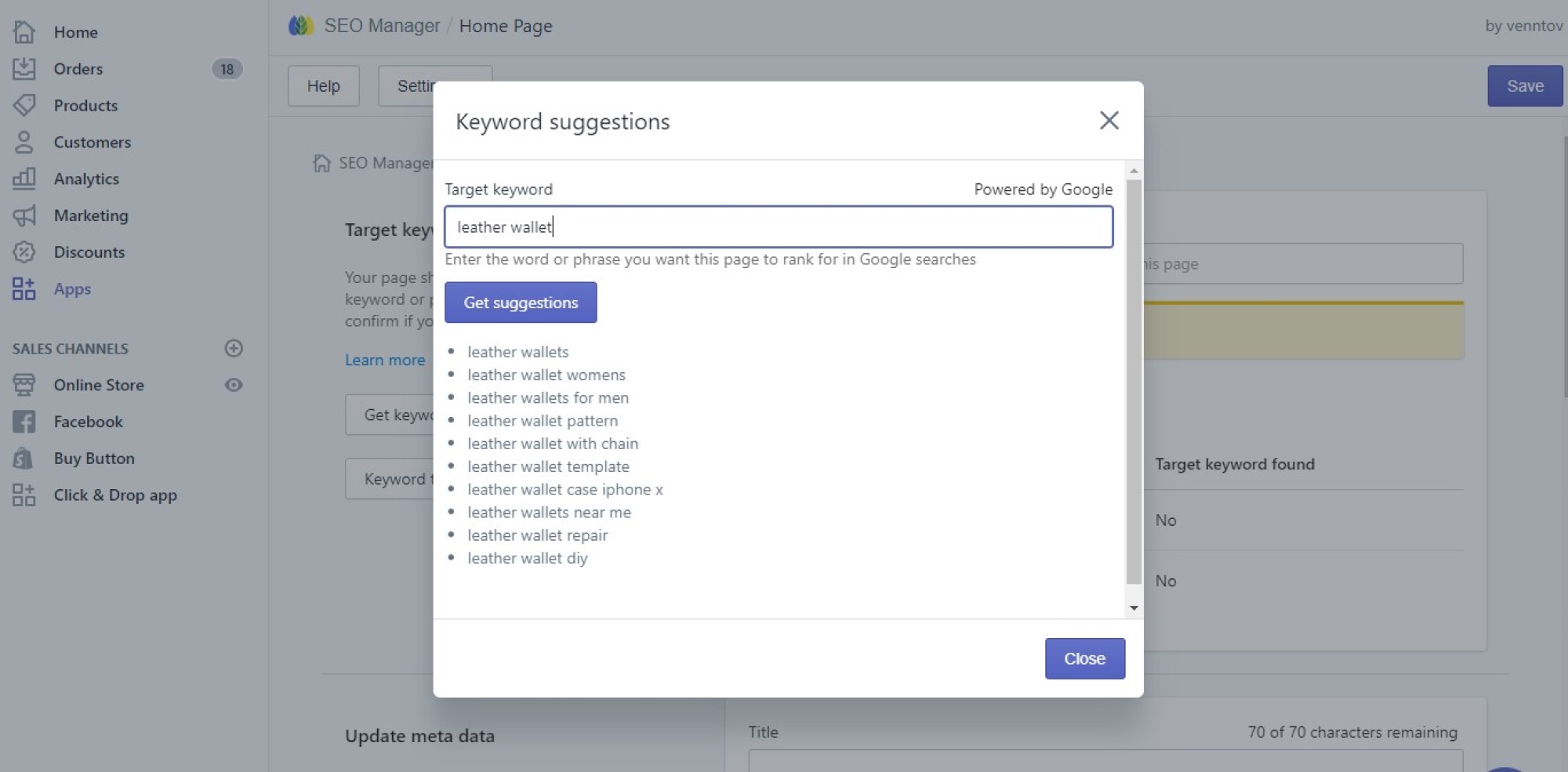 SEO manager for shopify keyword suggestions screenshot