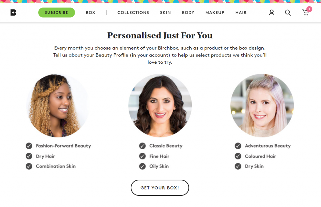 A screenshot from Birchbox's website showing examples of how their subscription boxes are personalised.