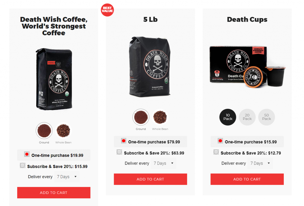 A screenshot from Death Wish Coffee's Shopify Plus store showing examples of subscriptions.