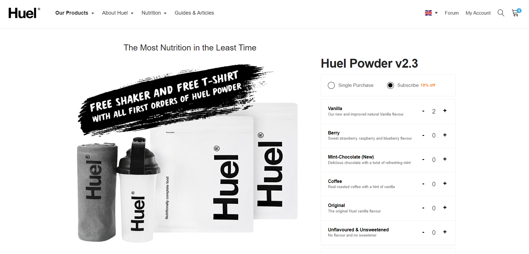 A screenshot from Huel's online store showing an example of a free gift ecommerce promotion.