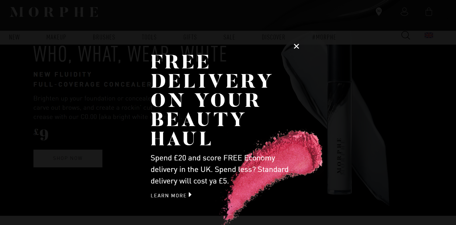 A screenshot from Morphe's online store to show an example of a free delivery ecommerce promotion.