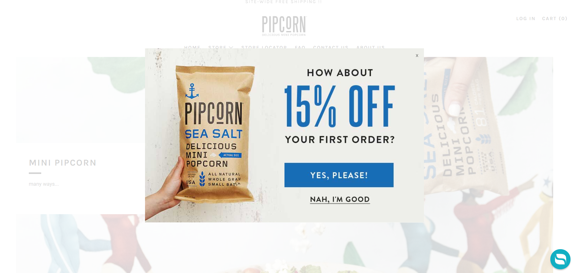 A screenshot from Pipcorn's online store showing a pop-up offering 15% off.