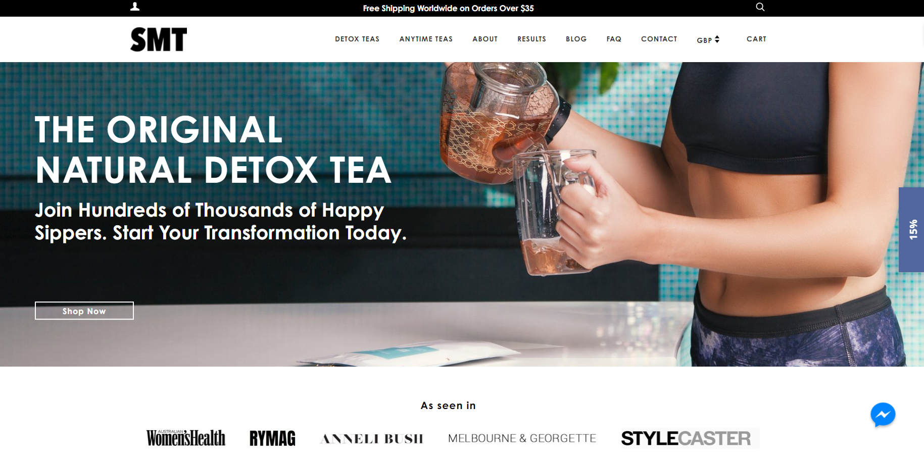 A screenshot of SkinnyMe Tea's ecommerce store homepage.