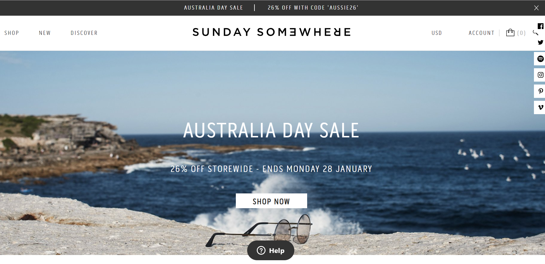 A screenshot from Sunday Somwhere's online store showing an example of a seasonal ecommerce promotion for Australia Day.