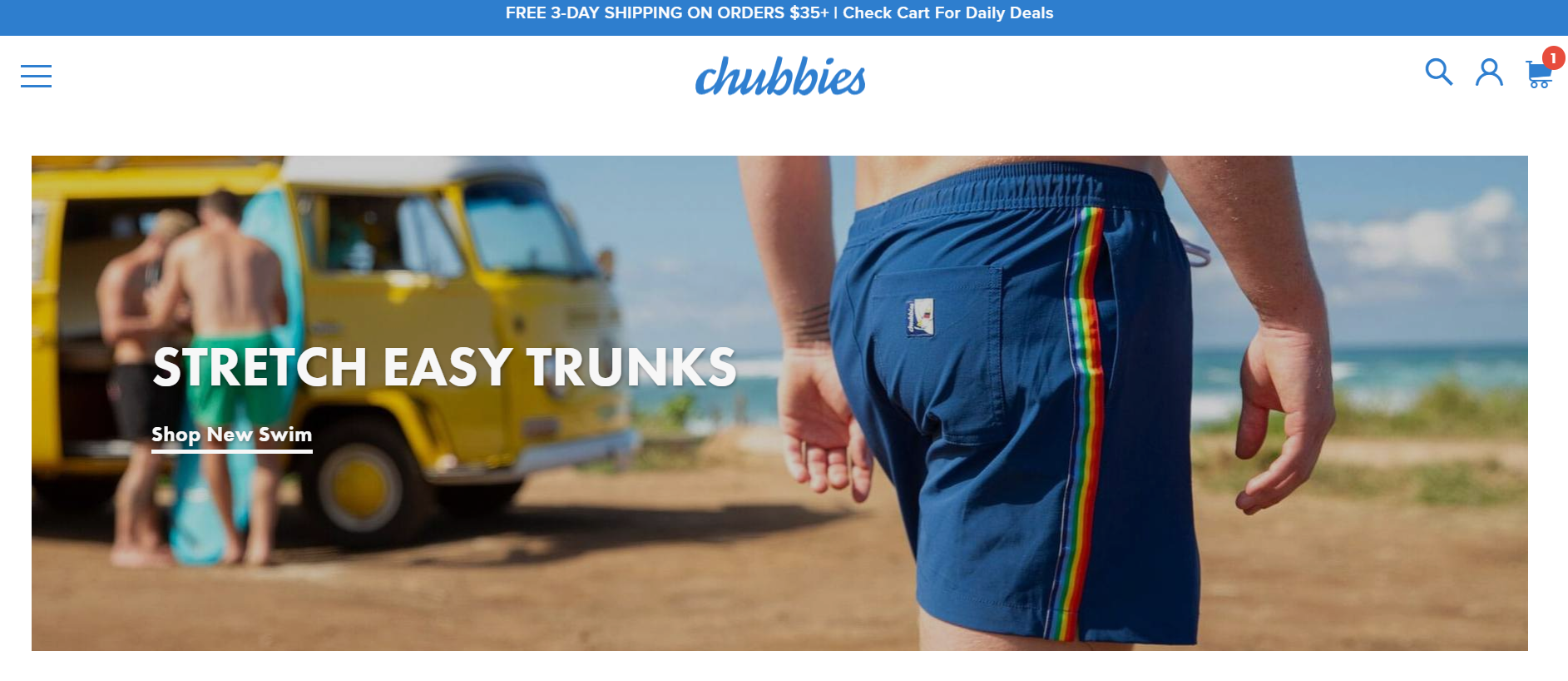 A screenshot of Chubbies' ecommerce store homepage.