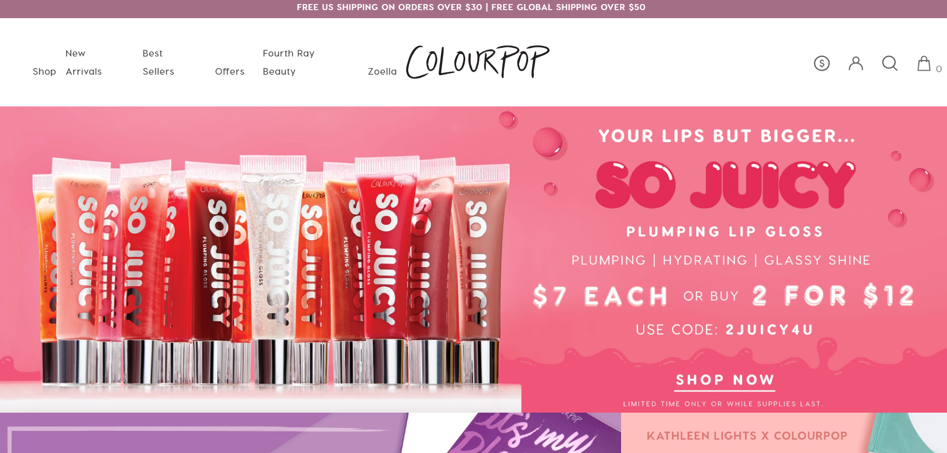A screenshot of ColourPop's ecommerce store homepage.