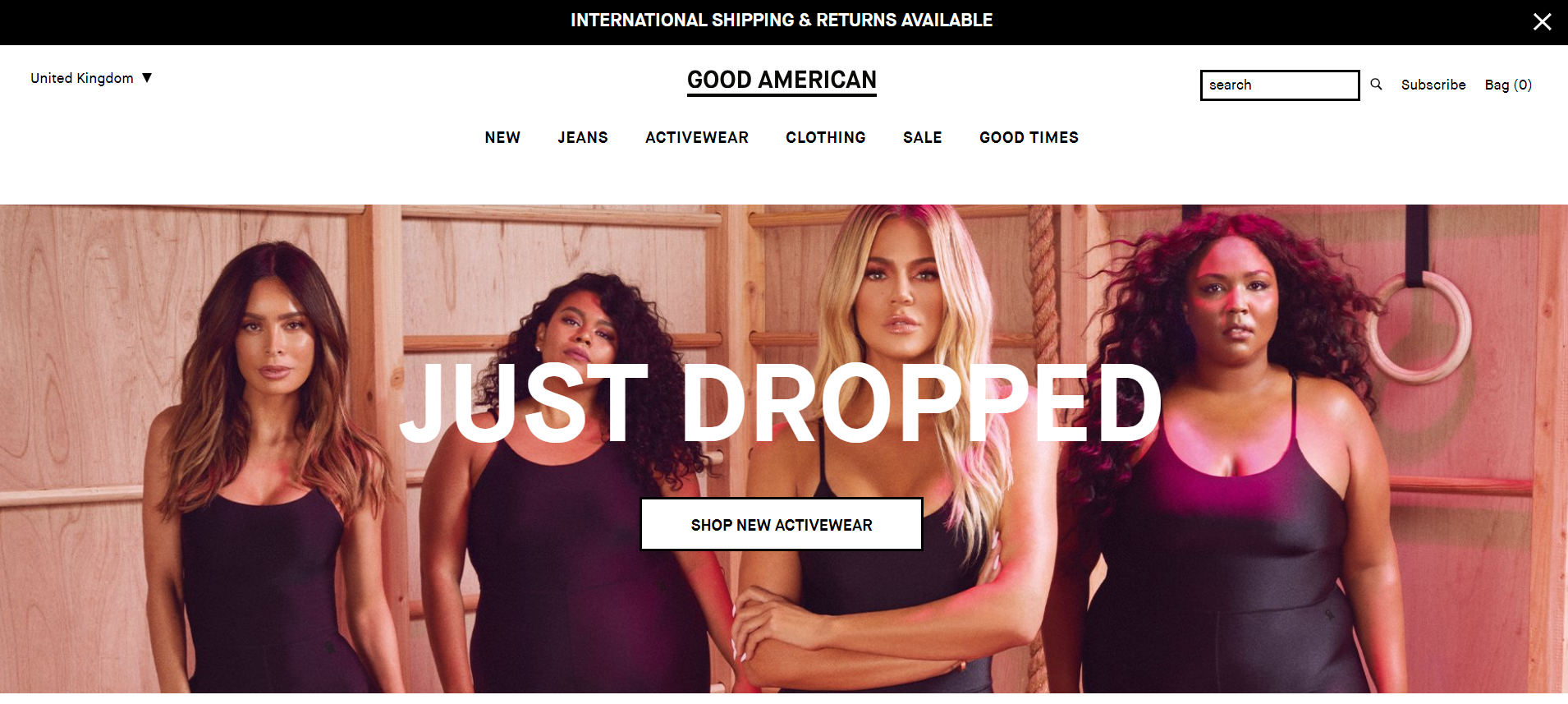 A screenshot of Good American's ecommerce store homepage.