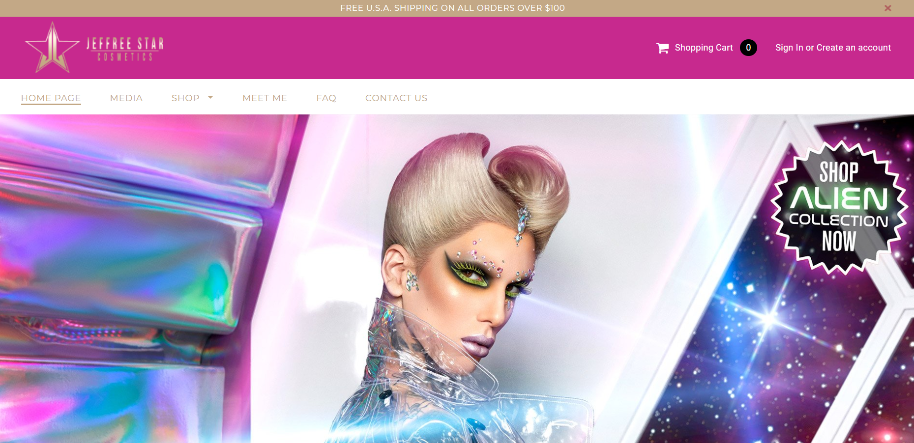 A screenshot of Jeffree Star Cosmetic's ecommerce store homepage.