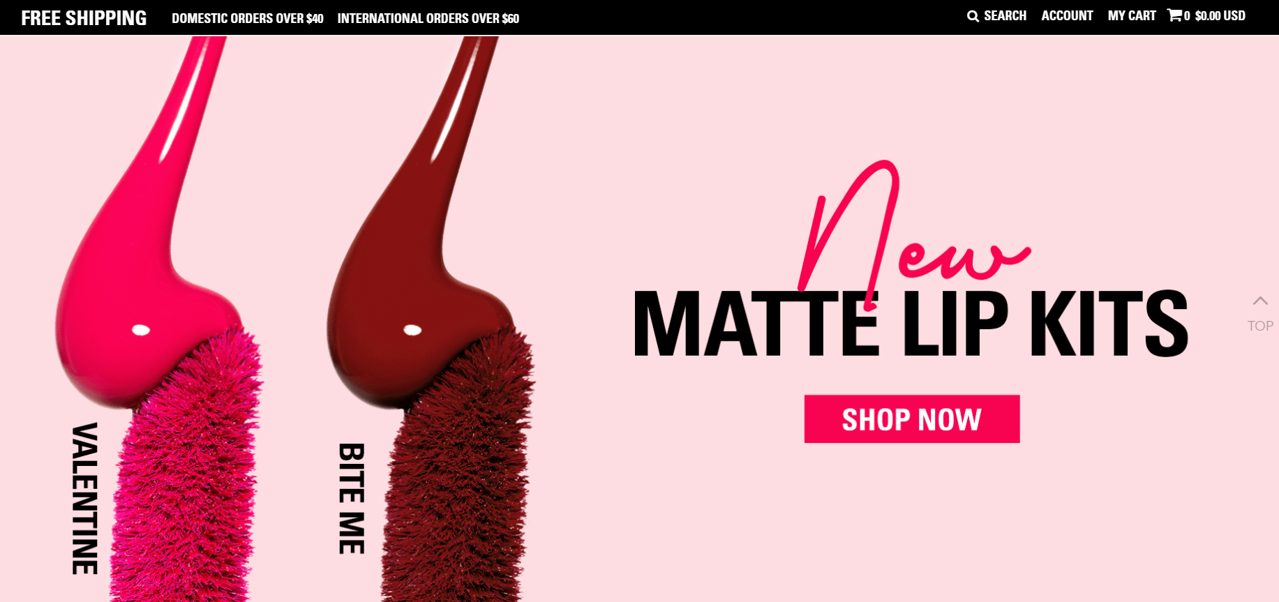 A screenshot of Kylie Cosmetics' ecommerce store homepage.