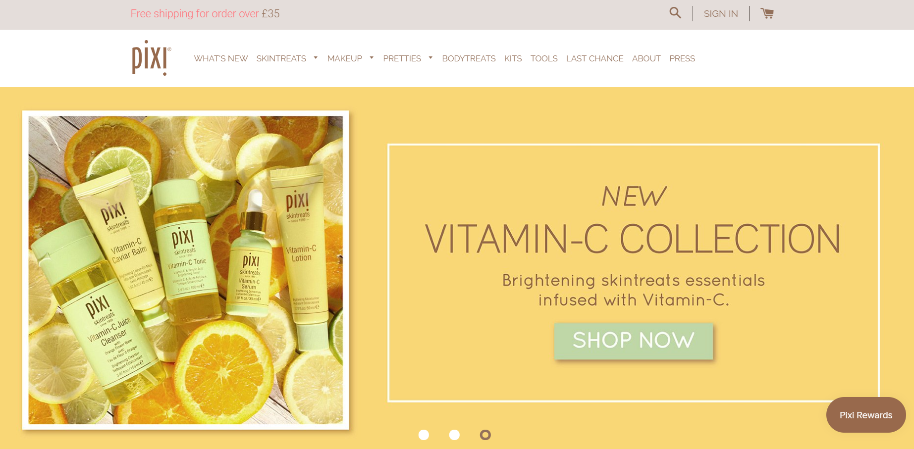 A screenshot of Pixi's ecommerce store homepage.