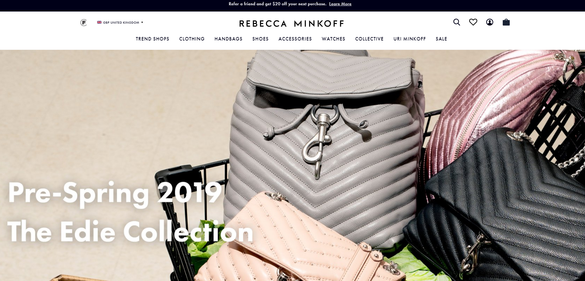 A screenshot of Rebecca Minkoff'secommerce store homepage.