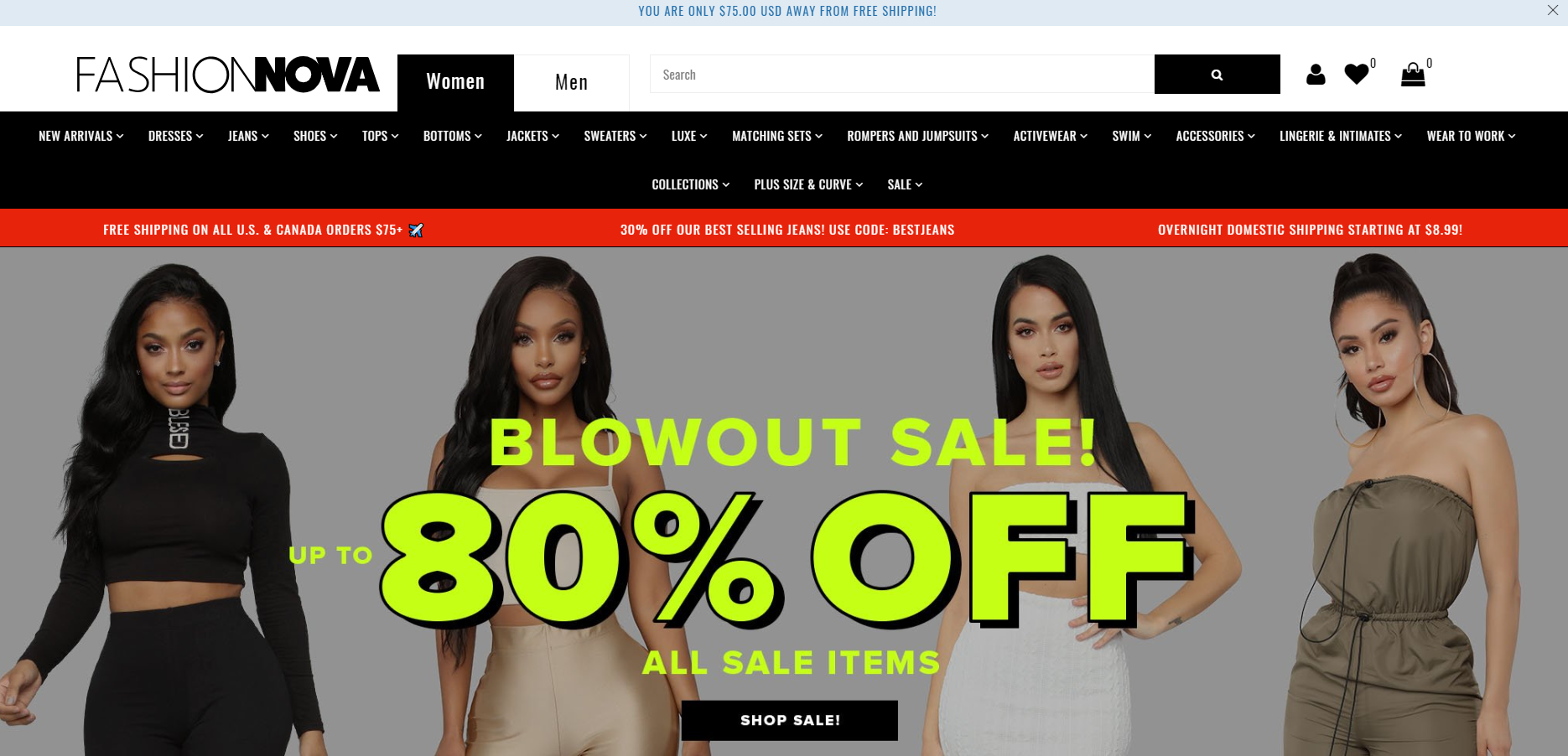 A screenshot of Fashion Nova's ecommerce store homepage.
