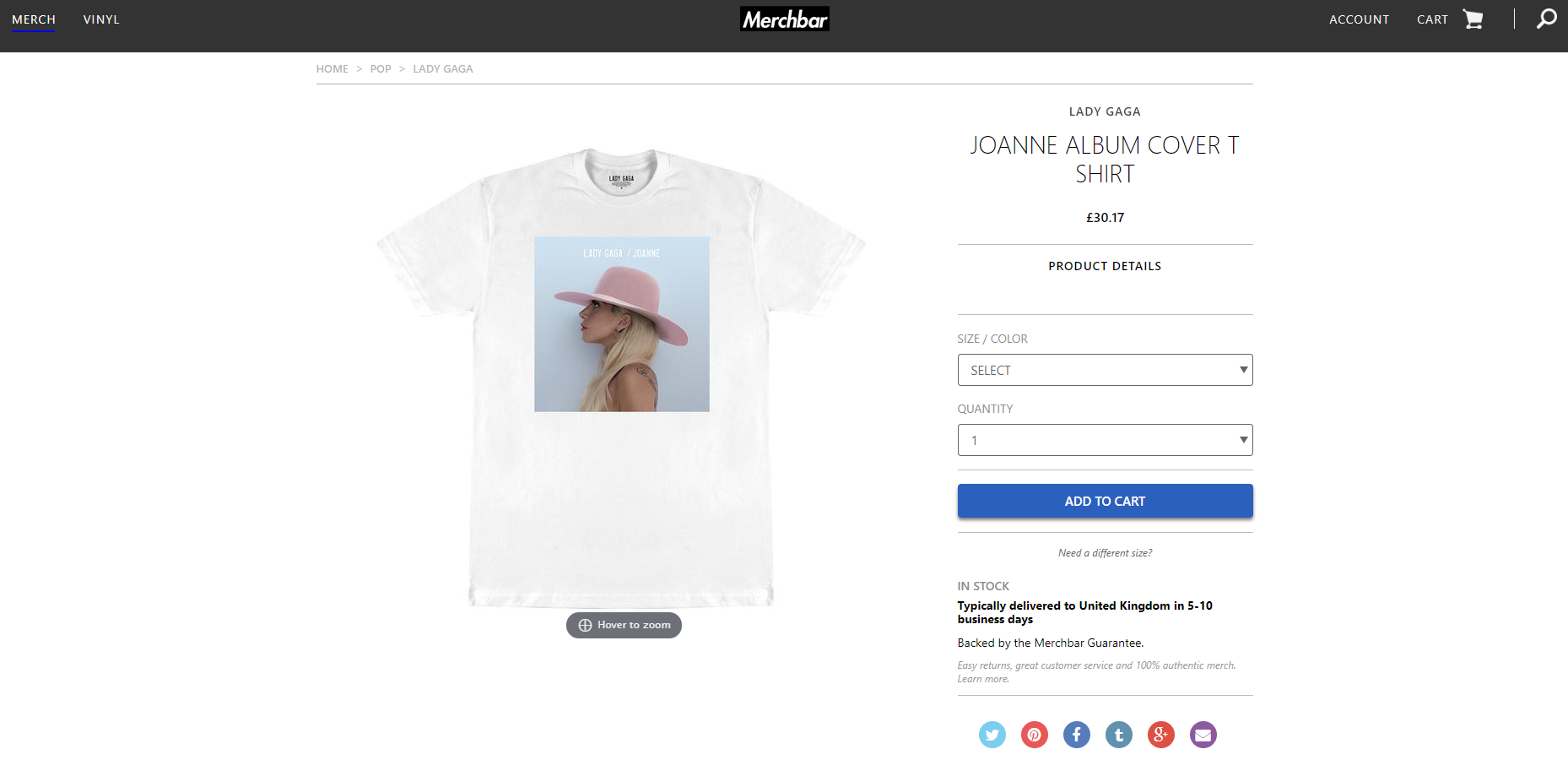 A screenshot showing a Lady Gaga merch product on the Merchbar site.