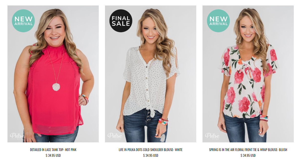 A screenshot showing some of the colour-coordinated sales overlays used on The Pulse Boutique's collection pages.