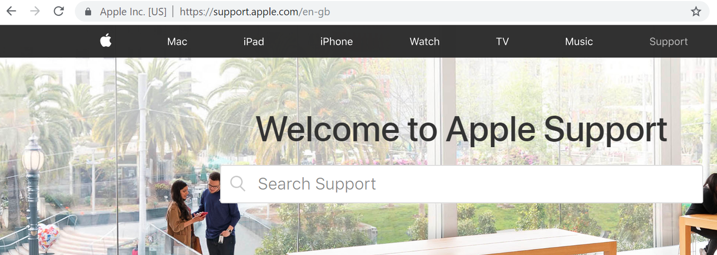 A screenshot of Apple's support page, which is housed under a subdomain.