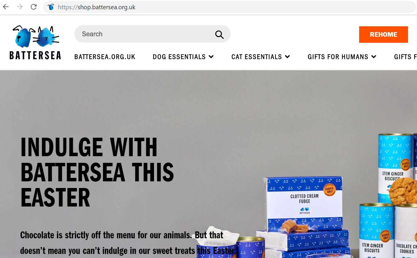 A screenshot of Battersea's Shopify store, which is housed under a subdomain.