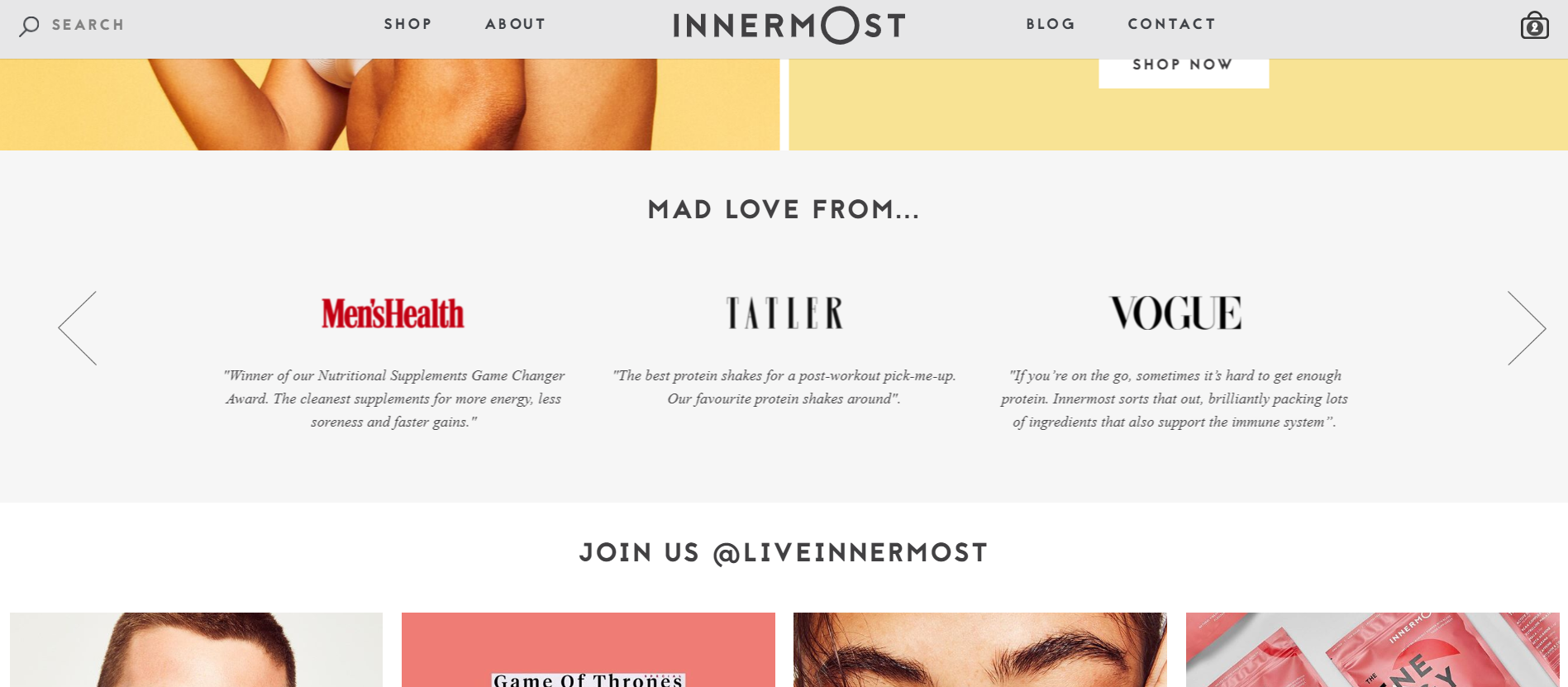 A screenshot of Innermost's homepage showing publication logos and quotes.