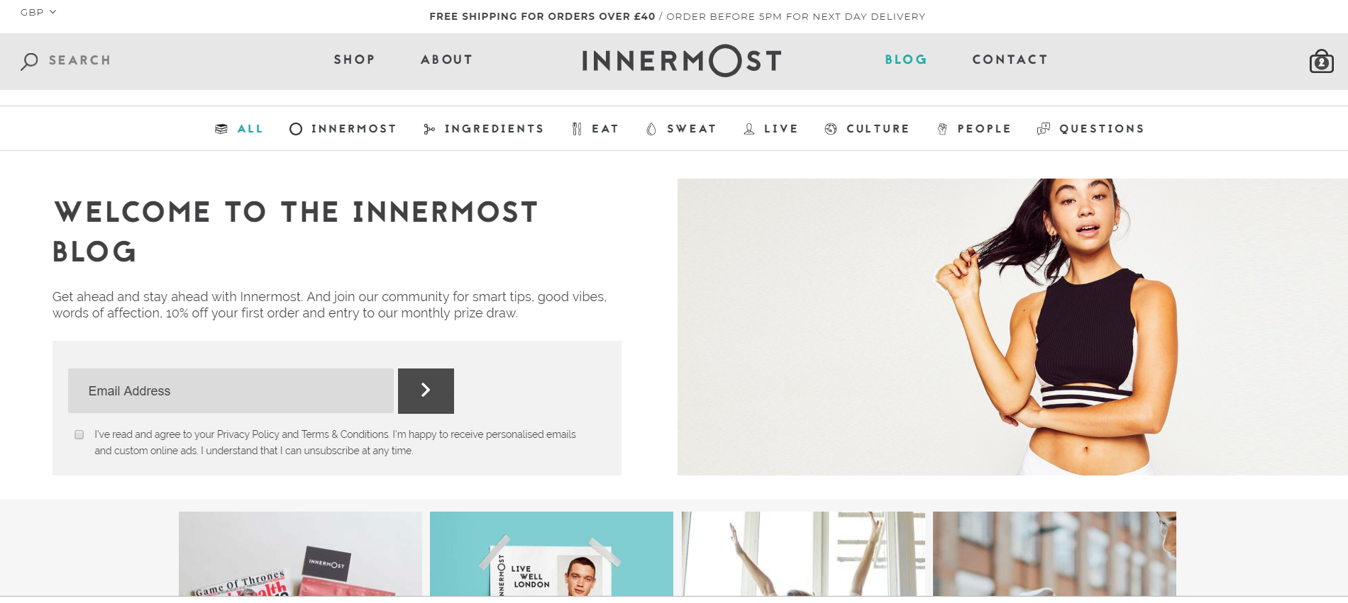 A screenshot of the Innermost blog on their Shopify Plus ecommerce store.