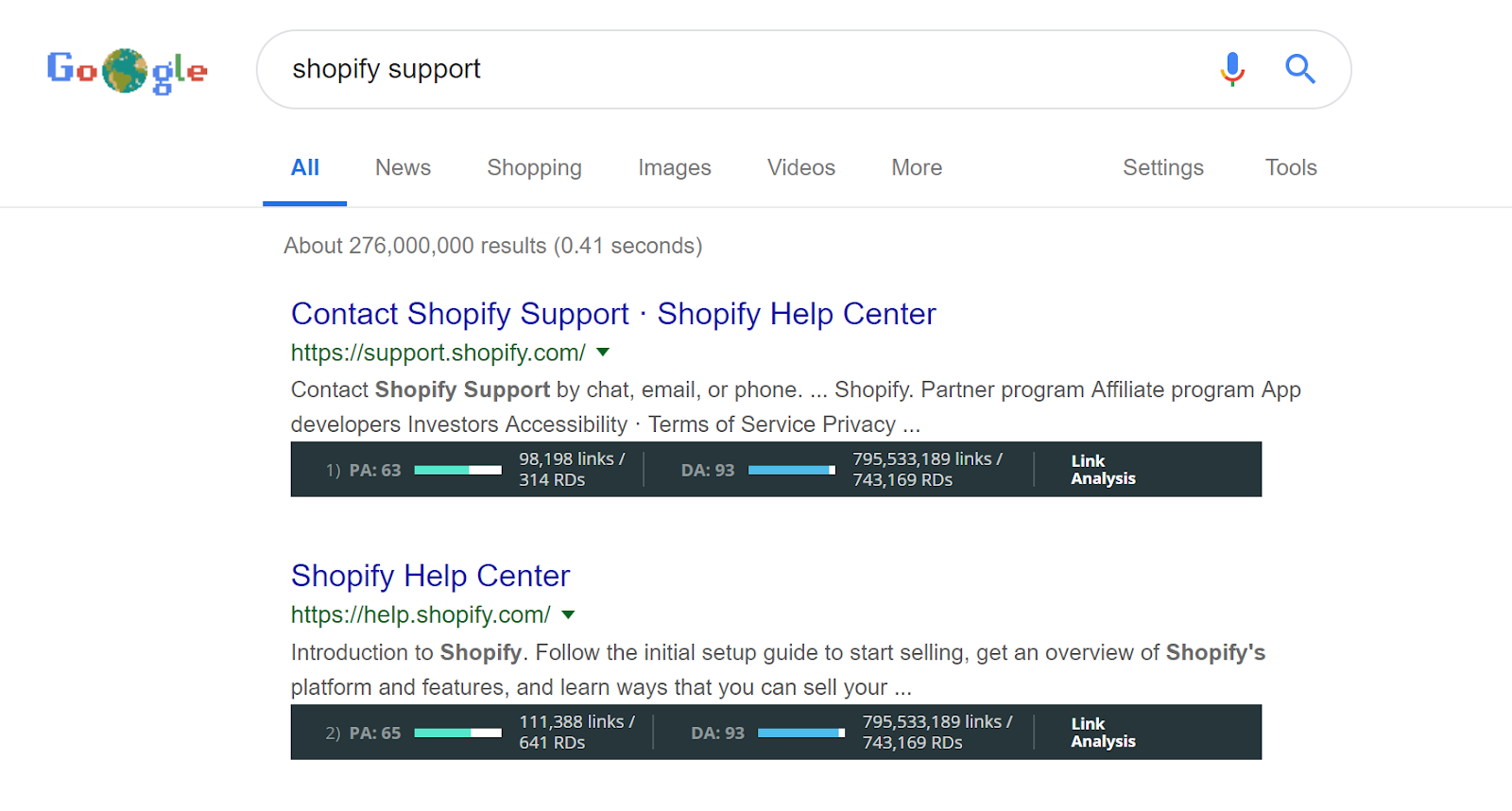 A screenshot showing two of Shopify's subdomains ranking in the first two positions on Google.