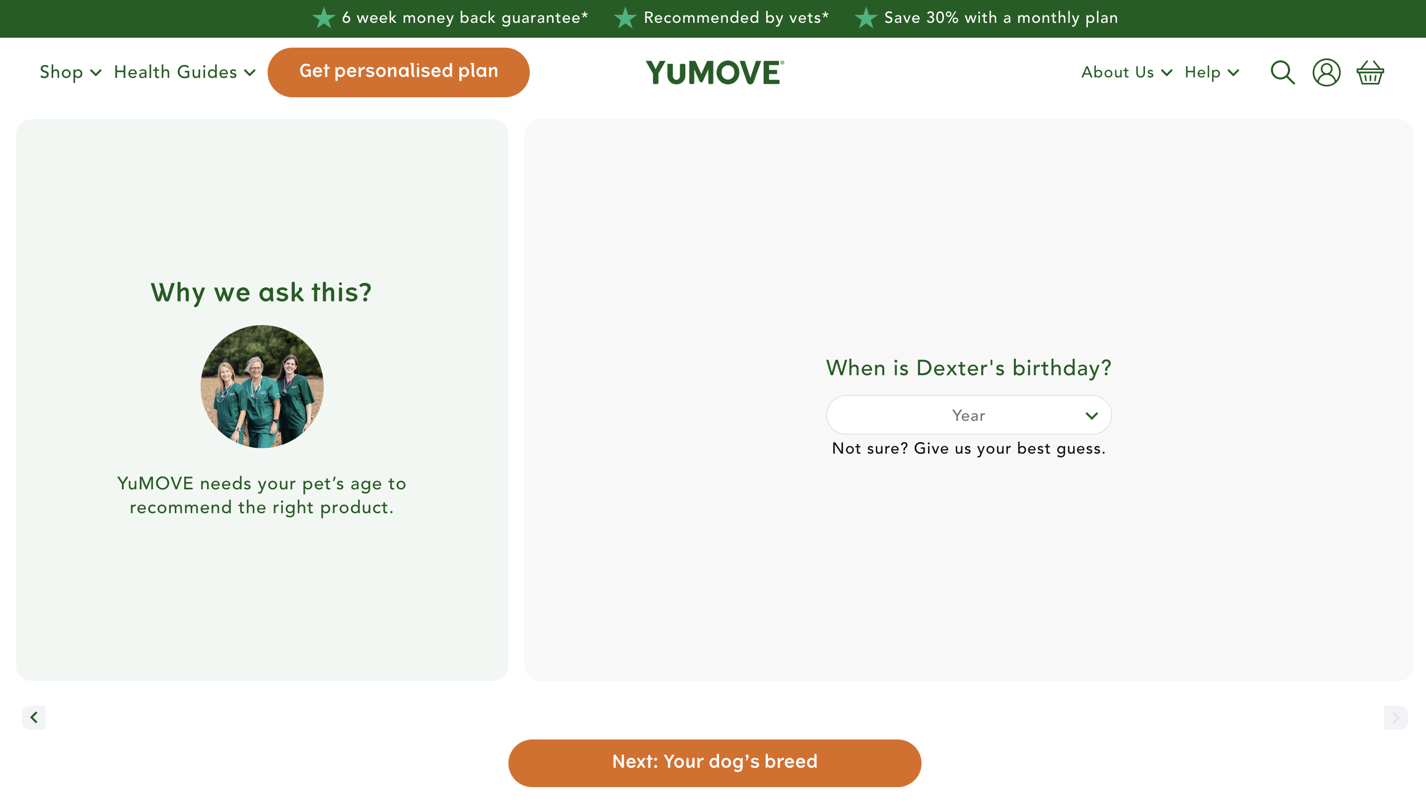 A screenshot from YuMOVE's website showing a step in their on-site quiz. The user is being asked when their dog's birthday is.