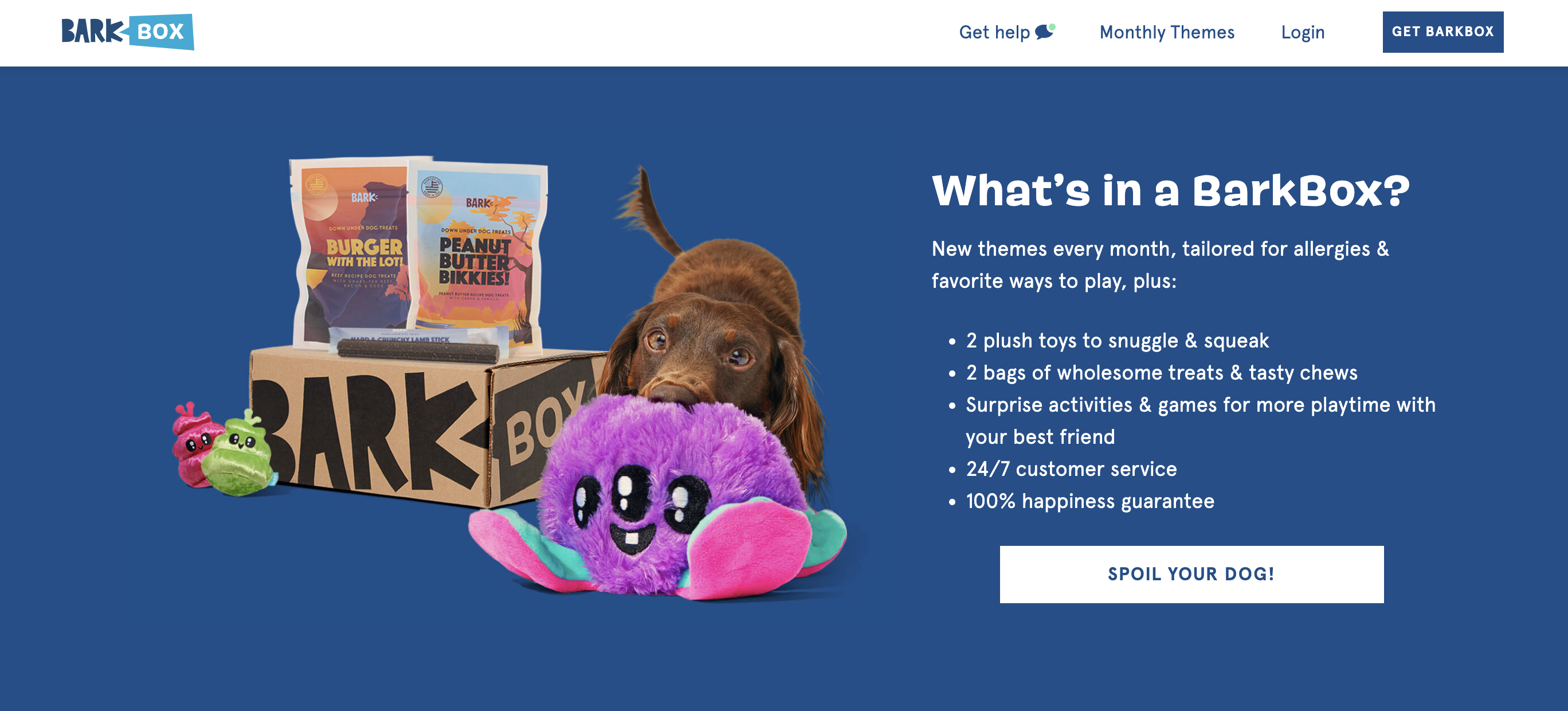A screenshot from Barkbox's website demonstrating how they clearly explain the contents of each subscription box to users.