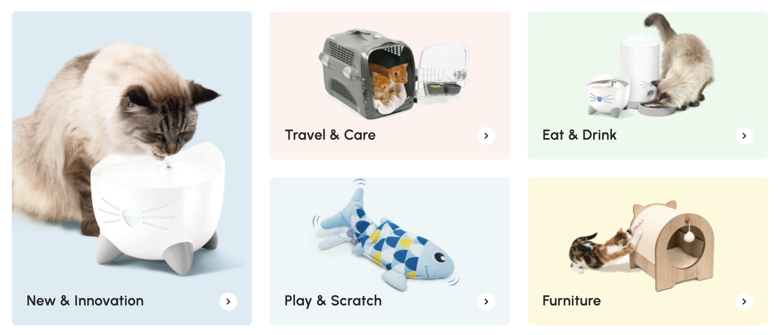 A screenshot from Cait's US Shopify Plus store showing an examples of needs-based navigation. There are clickable elements for new products, travel & care, play & scratch, eat & drink, and furniture.