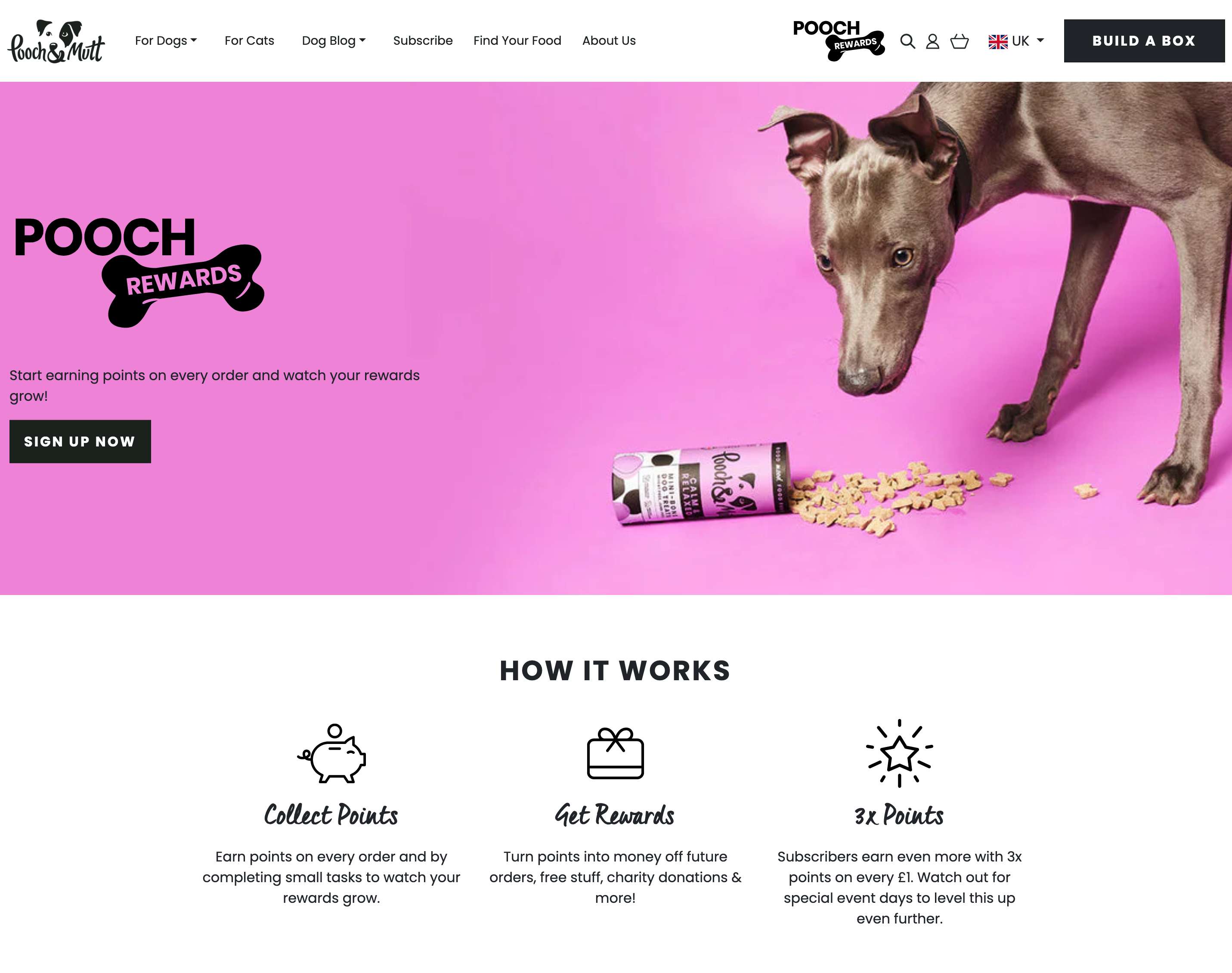 A screenshot showing above the fold on Pooch & Mutt's loyalty program landing page.