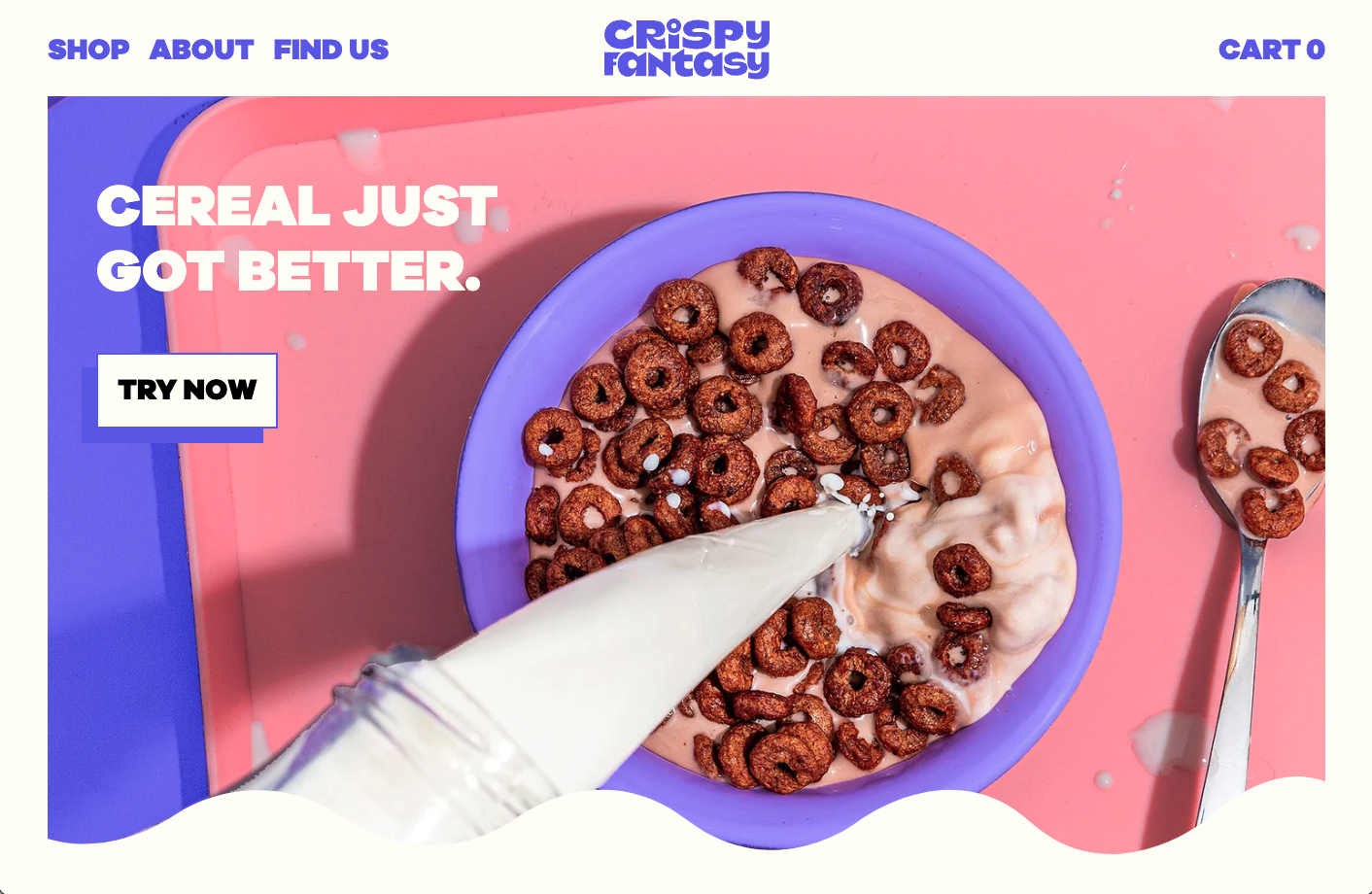 Pink background with a purple bowl of small chocolate hoop-shaped cereal with milk being poured into the bowl.