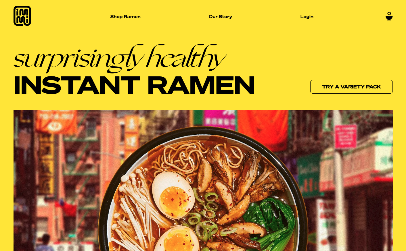 Yellow background with text 'Suprisingly healthy instant ramen' in top left above an image of a delicious bowl of ramen.