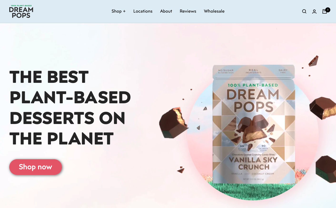 Large text on left, 'The Best Plant-Base Desserts on the Planet' and image of Vanilla Sky Crunch packet on right.