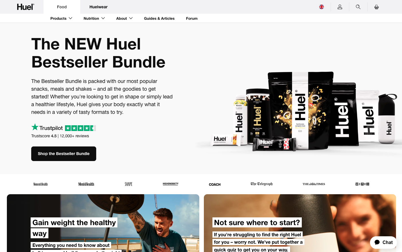 Huel's Bestseller Bundle takes centre stage with product photo on right of page and copywriting on the left.