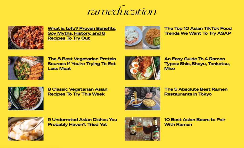 Yellow background with the 8 most recent blog titles from the Rameducation blog.