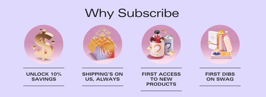 'Why Subscribe' section with 4 images in horizontal grid, each one with text beneath outlining the pros of subscription; all on pastel purple background.