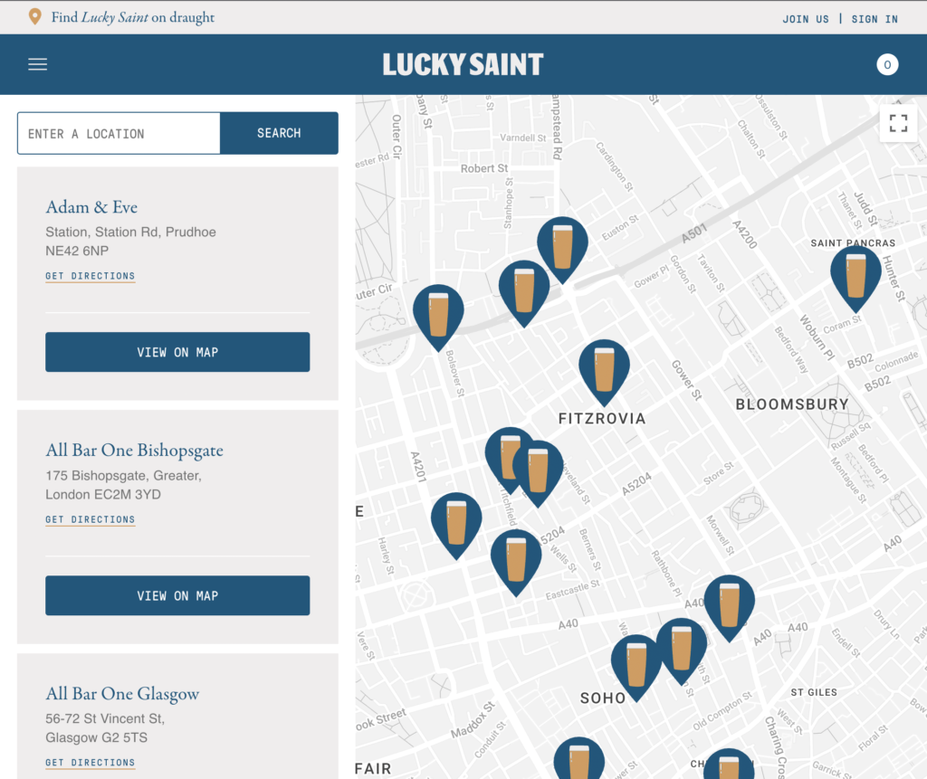 Interactive map showing pins with pint glasses on that indicate where you can find Lucky Saint on draught; a brand not confined to the non-alcoholic drinks ecommerce space
