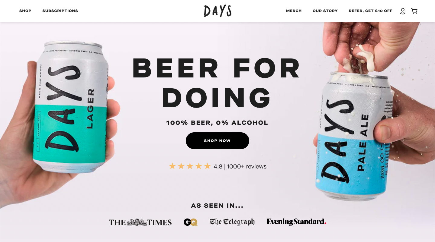 White navigation bar across the top; hero image with two cans of beer being held on the right and left. Title text 'Beer for doing' and a black button CTA sits in the centre.