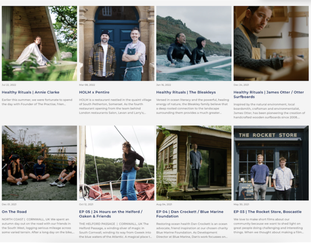 Screenshot of Pentire's film page; grid of images and titles of short films or episodes.