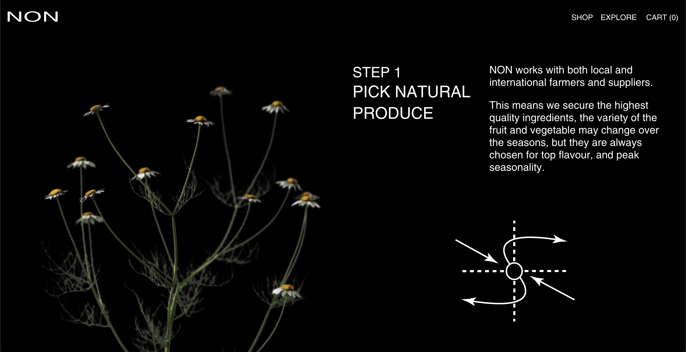 Non, a global non-alcoholic drinks ecommerce brand, presents a sleek homepage. Screenshot shows black background with image of dainty white flowers and green stem on left hand side. In the top right there is some text outlining Step 1 of the process and beneath this is a line drawing representing this stage of the process. A non-alcoholic drinks ecommerce brand using graphics creatively.