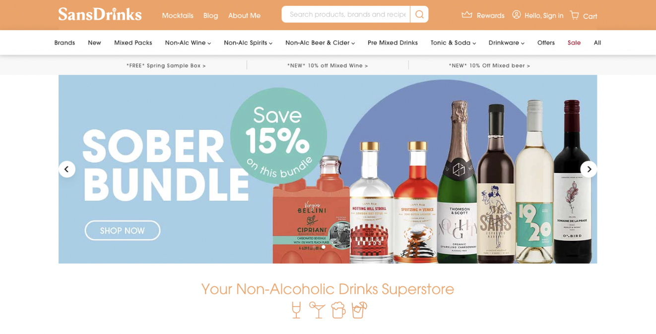 Homepage of non-alcoholic drinks ecommerce brand with pastel orange banner at top, extensive navigation menu found below this banner. Large hero image that is central to the page with the title 'Sober Bundle' and a range of bottles.
