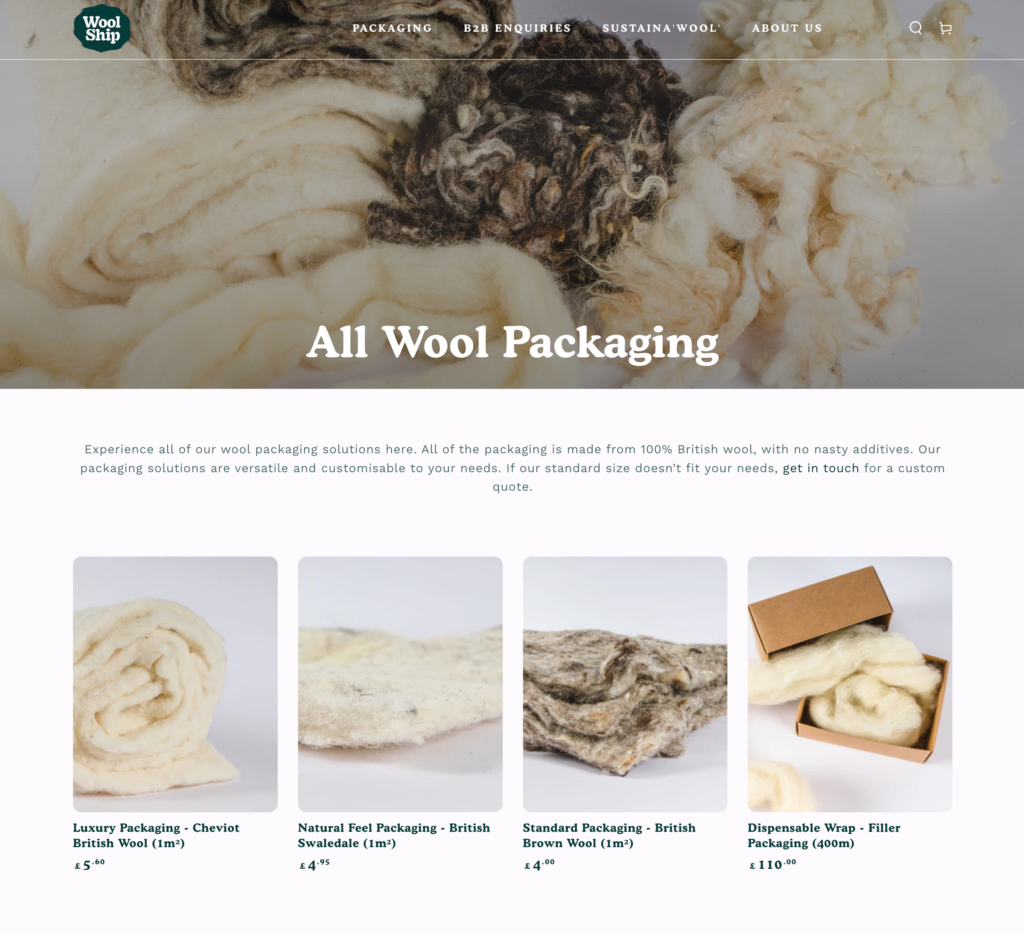 Screenshot of WoolShip's product page; four wool packaging products shown in total.