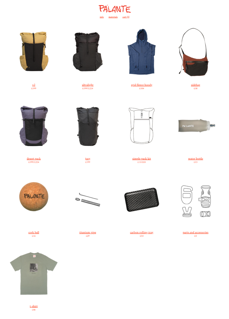 Screenshot of Pa'lante Packs' product page: products simply arranged in rows on a white background. A product image is shown with the product title below. Pa'lante logo at top of page.