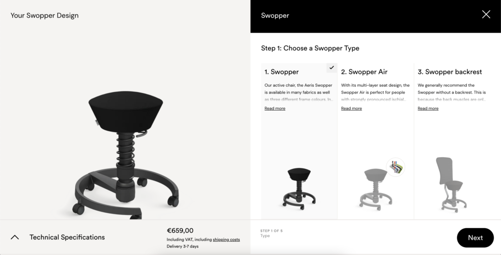 Screenshot of Aeris Swopper product page; demonstrates the configurator Swanky built as a example of good web design for ecommerce.