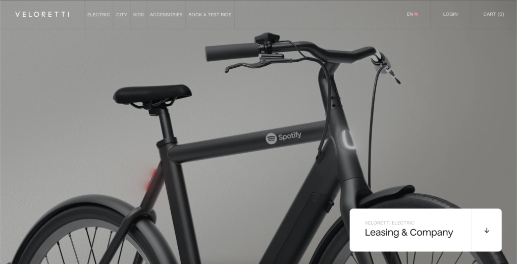 Screenshot of Veloretti service pages; hero image of a matte black electric bike.