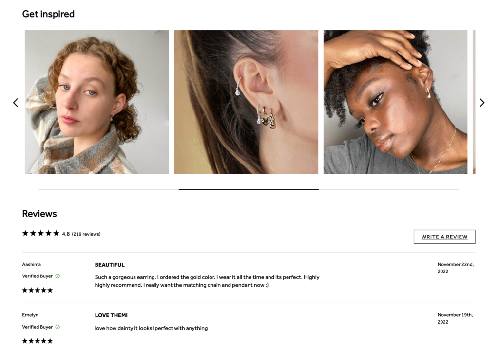 Screenshot from Ana Luisa's jewellery store: three images showing customers wearing the product they've purchased above written reviews from verified buyers for the same product. 