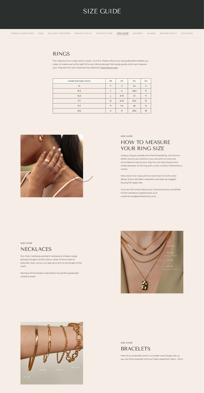 Screenshot of Astrid & Miyu's full size guide on their jewellery store.