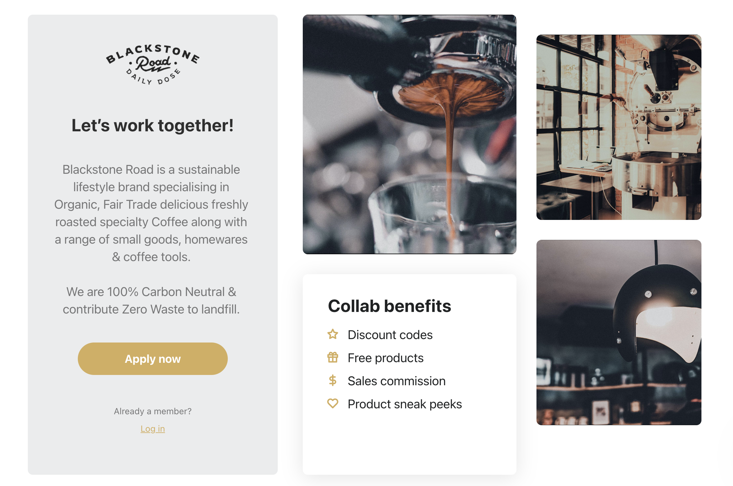 A screenshot from Blackstone Road's coffee ecommerce website, showing information about the brand's affiliate community.