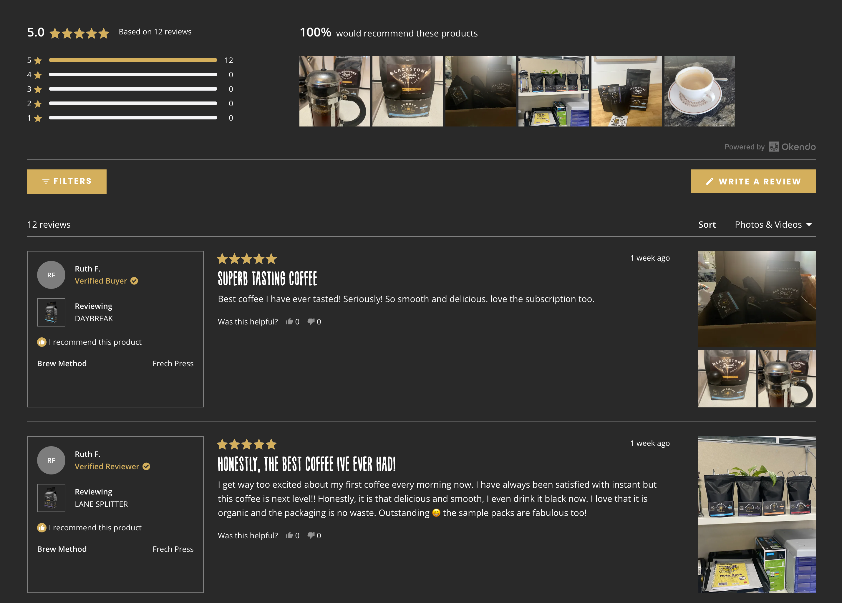 A screenshot of some customer reviews on the Blackstone Road coffee ecommerce website.