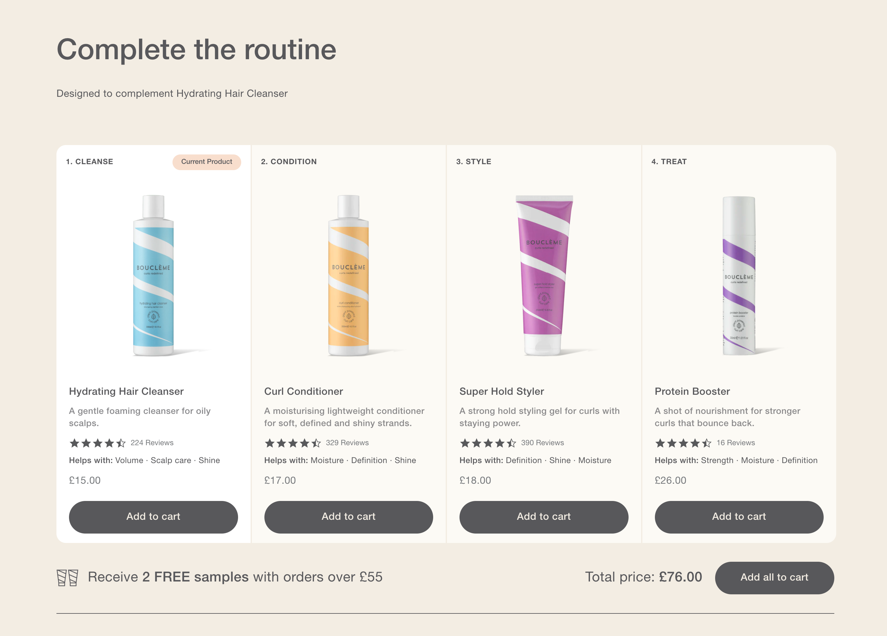 A screenshot showing the "Complete the Routine" section on one of Boucleme's product pages.