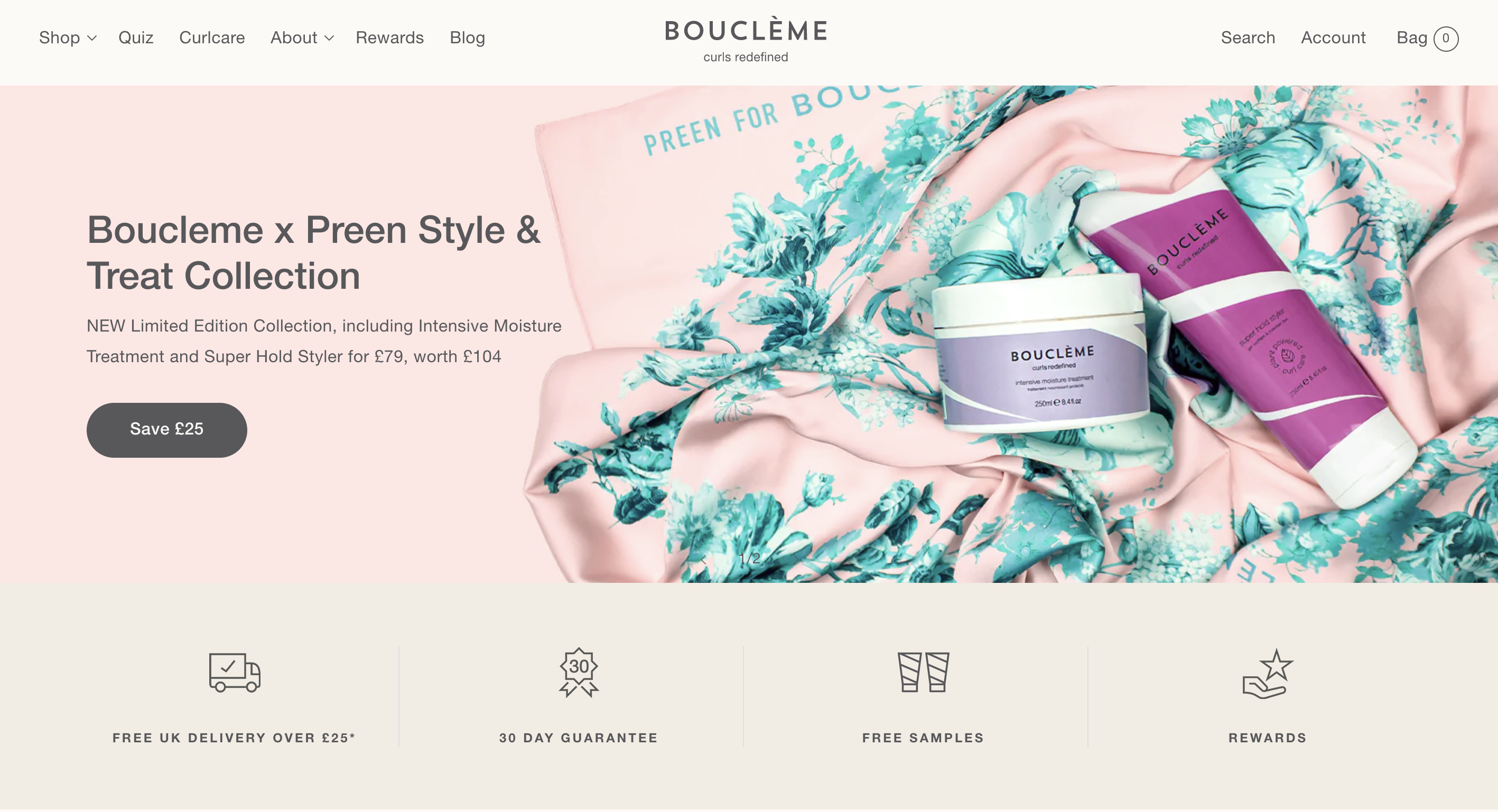A screenshot showing above the fold on Boucleme's Shopify Plus store
