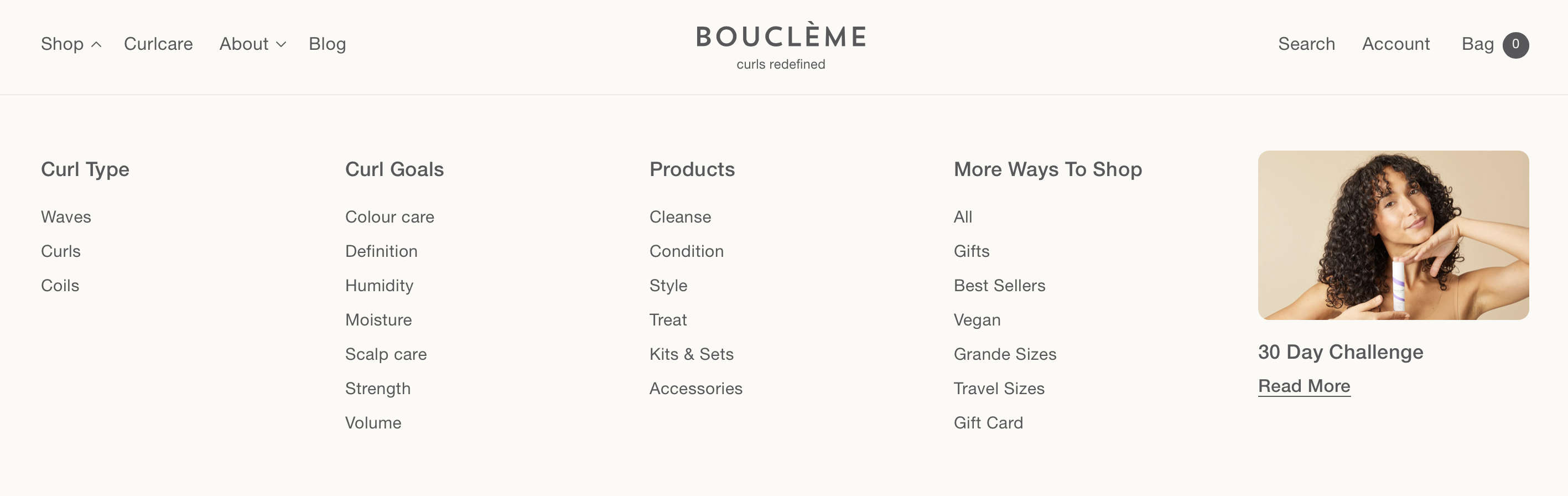 A screenshot showing the online store menu on Boucleme's Shopify Plus site.